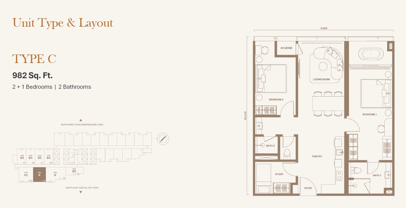 Divine KLCC 2 Bedroom Type C KLCC View Layout